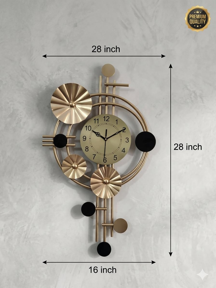 Mahira Artefacts Metal Wall Clock, Gold and Black, Art Deco Style, Silent Analog, Large, for Living Room, Bedroom, Office