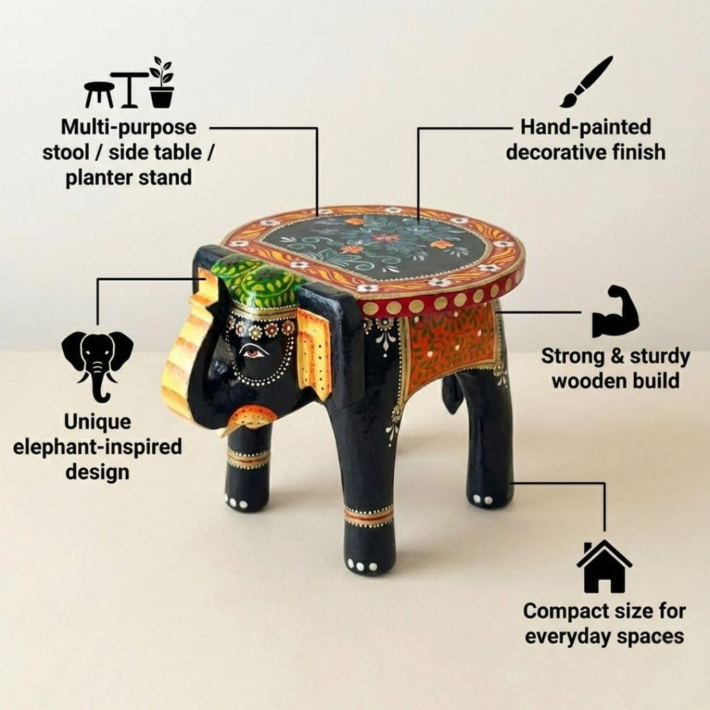 ATRANGI STUDIO Black Colourful Handpainted Wooden Elephant Stool Cum Showpiece | Mango Wood Traditional Multipurpose Stool for Living Room Decor & Mandir | Perfect for Plant Stand | 8x8x10 inch