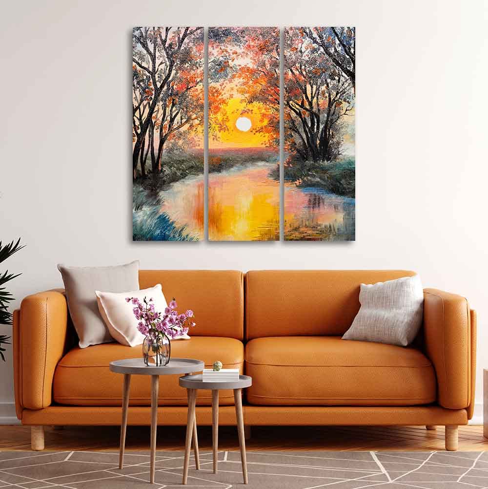 VIBECRAFTS Homcraft Beautiful Sunset At River 3 Pieces Canvas Wall Painting Fitted With Wooden Frame For Home | Office | Living Room | Gifts (PTVC3Pcs1_9522)