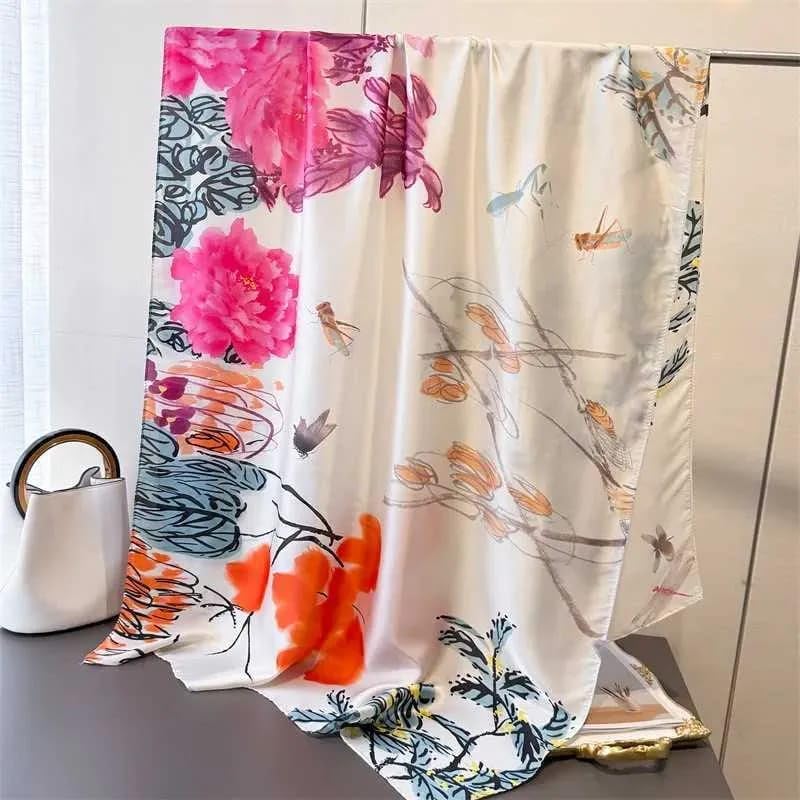 SWANKY Silk Stoles For Women Stylish Latest, Scarf for ladies & Girls, Head Neck Scarves, duppatta for girls (Orange & Pink Flower)