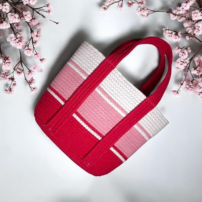 BEAUTIFUL HOMMIES Attractive Hand Bag |large Tote Bag |Summer Bag | Bucket Bag | Basket Bag | Bamboo Tote | Beach Bags for Women|Boho Bag|Handbag |Jute Bag |Handmade Bag (WHITE PINK RED)