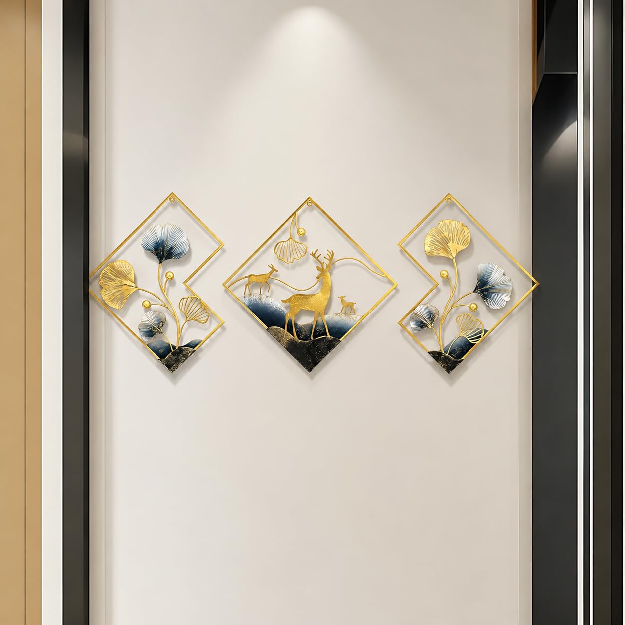 Mahira Artefacts 3D Metal Wall Art Set of 3, Golden & Blue Ginkgo Leaf and Deer Design, Geometric Diamond Sculptures for Living Room, Bedroom