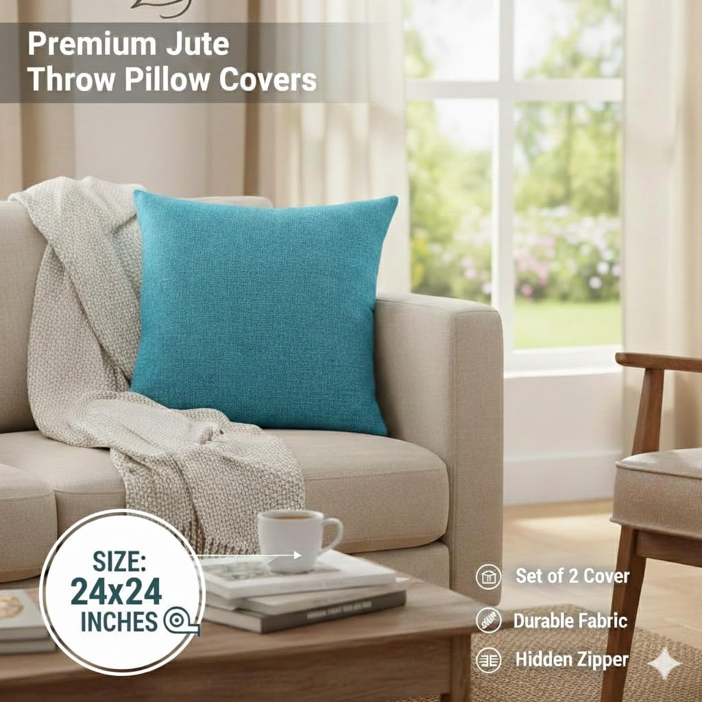 CASA-NEST Jute Cushion Cover 24x24 (Pack of 2) (Bondi Blue) JUTEREV24