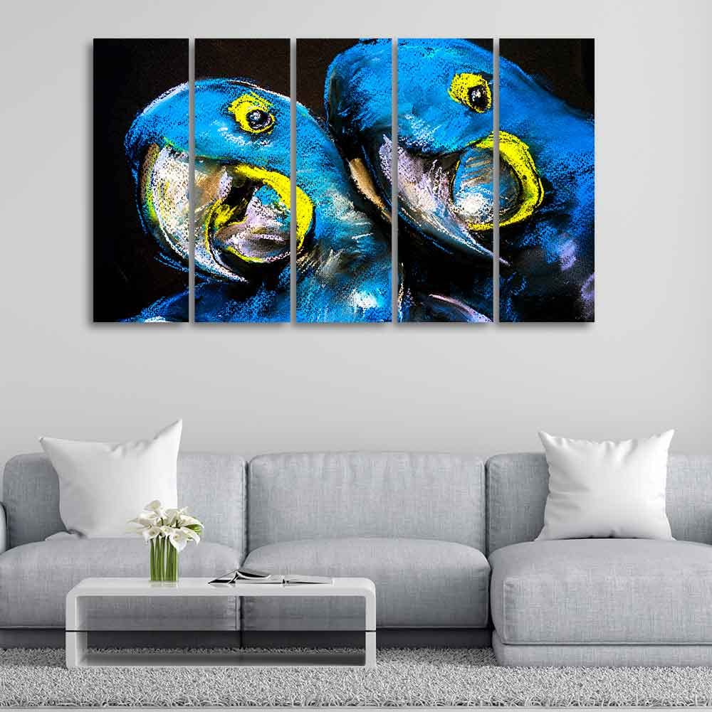 VIBECRAFTS Blue Parrots Pastel Art Five Pieces Wall Painting For Home|Office|Living Room|Gift (PTVC5Pcs4_8545)