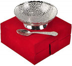 R Ayurveda Copper Metal Floral Dessert Bowl with Spoon Silver Plated in Gift Box for Wedding Home Decor Birthday Housewarming Festival Occassion Bowl Size 3.75 inches Box Size 4.75x4.75x2.25 inches
