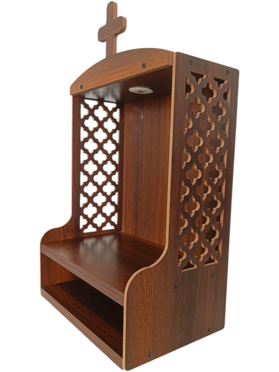Beautiful Handcrafted Christian Wall Prayer Temple in Premium Wood with Cross Icon, LED Light, Carved Panels Shelf for Bible Candles Statues, Home Church Decor Use, Brown