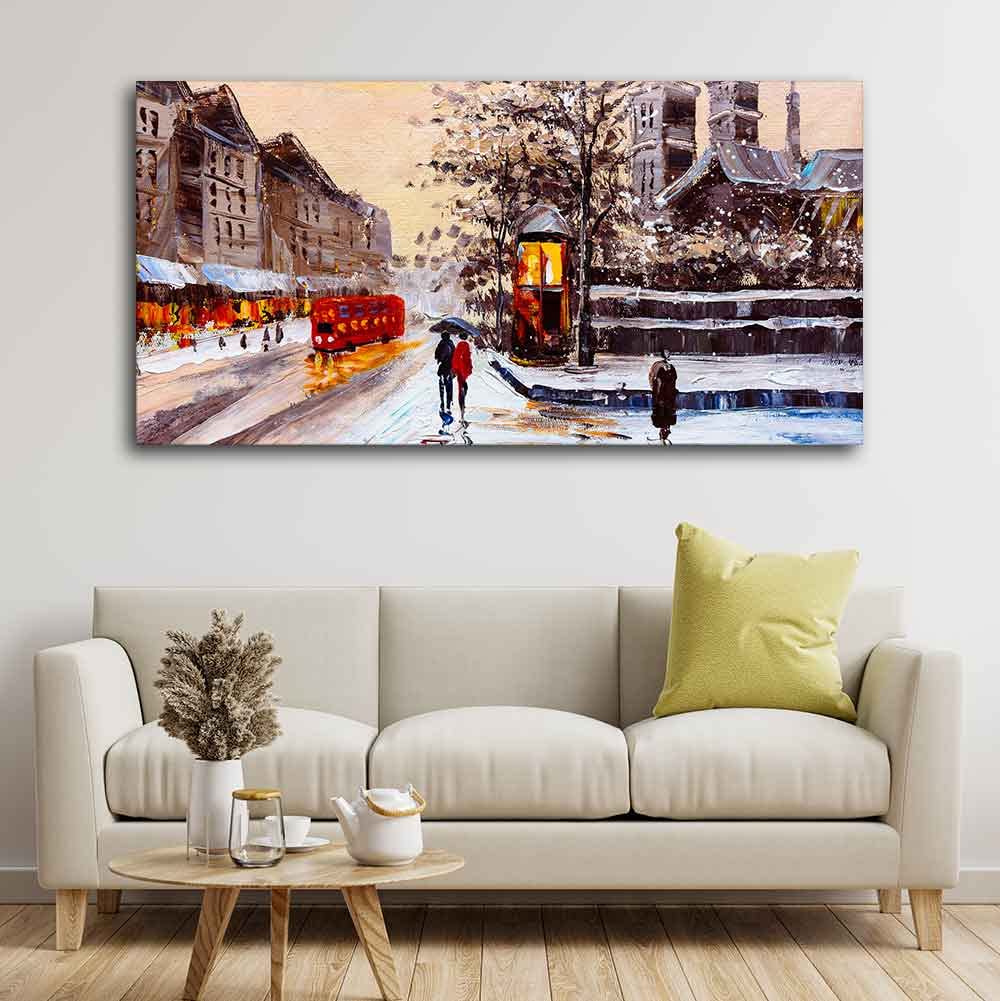 VIBECRAFTS Canvas Paintings for Living Room Drawing Wall Painting of Street view London with Snowfall Background Fitted Wooden Frame For Home | Office | Gift (PTVCH_2267N) (48 x 24 Inches)