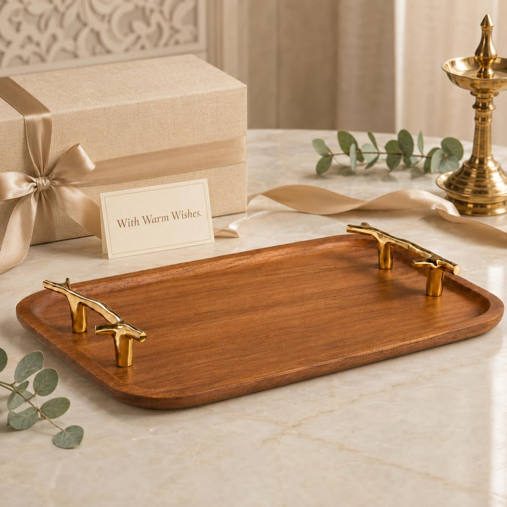CentraLit Decorative Acacia Wooden Tray for Serving - Dining Table Accessories & Kitchen Organizer Serving Trays - Luxury Wooden Tray| Gold Handles for Home Decoration (Twig Handles)