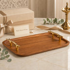 CentraLit Decorative Acacia Wooden Tray for Serving - Dining Table Accessories & Kitchen Organizer Serving Trays - Luxury Wooden Tray| Gold Handles for Home Decoration (Twig Handles)