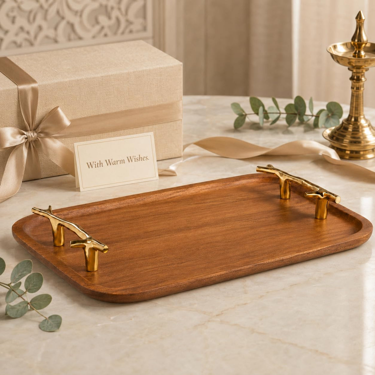 CentraLit Decorative Acacia Wooden Tray for Serving - Dining Table Accessories & Kitchen Organizer Serving Trays - Luxury Wooden Tray| Gold Handles for Home Decoration (Twig Handles)