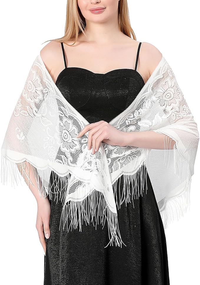 Alexvyan Floral Design Triangle Lace Stole and Wraps for Evening Dresses with Tassels for Evening Party Mesh Wedding Shawls for Summer