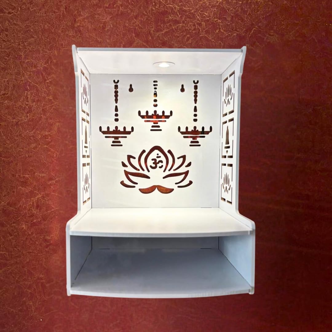 Homscape Modern Wooden Wall Mounted Temple for Home, Office, Living Room | White Pooja Mandir with LED Light & Storage Shelf | Small Wooden Temple 15.8 Height | Home Temple Decor with Storage Cabinet
