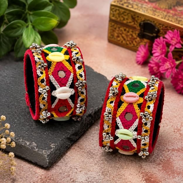 Maulika Creation Navratri Special Handmade Mirror Work Kada Set for Women & Girls – Multicolor Traditional Garba Dandiya Festival Bangles with Beads & Ghungroo, Set of 2