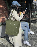 MASQ Premium ToteBag for Women with Zipper | Embroidered Foldable Shoulder Bag with Multiple Pockets | Spacious Handbag for College & Office | Eco-Friendly & Reusable (AP_TB_Olive_Daisy_01)
