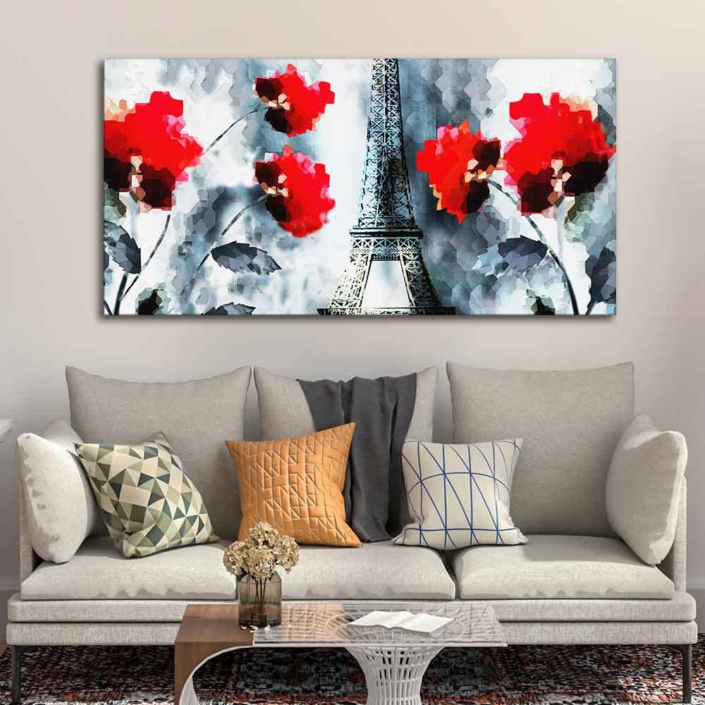 VIBECRAFTS Canvas Paintings for Living Room Drawing Room Eiffel Tower And Flowers Canvas Wall Painting Fitted With Wooden Frame For Home | Office | Living Room | Gifts (PTVCH_2561)