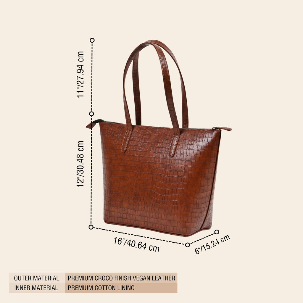 The Gusto Colossal - Premium Vegan Leather Tote Bag for Women, Big Size, Tan | Stylish Handbag for women with Zip Closure | Fit for Office Bag, College, Travel Use | Handcrafted in India