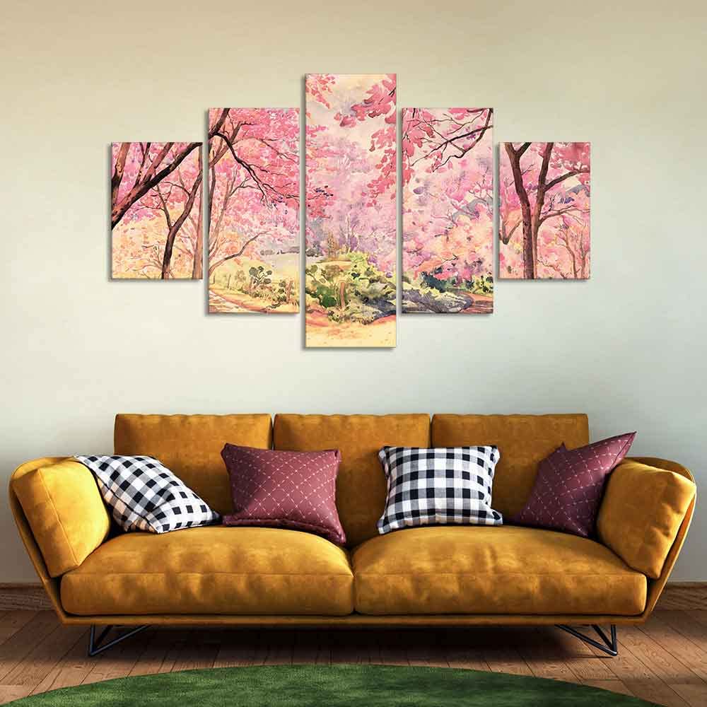 VIBECRAFTS Nature Forest Pink Flower Wall Painting of Five Pieces For Home|Office|Living Room|Gift (PTVC5Pcs1_5545)