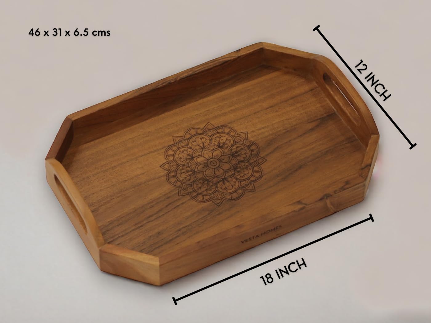 Vesta Homes Acacia Wood Serving Tray for Home/Kitchen/Restaurant/Office Organizer/Dining Table | Premium Serving Trays | 46 x 31 x 6.5 cm | Handcrafted in India