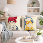 STITCHNEST Set of 2 Jute Cushion Covers – 16x16 Inches – Cute Cat in Beanie & Headphone Cat Prints – Designer Decorative Pillow Covers for Sofa, Living Room & Bedroom | Perfect for Home Decor