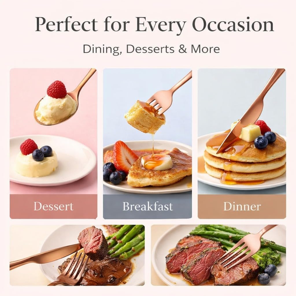 ANH MART Mirror Finish Rose Gold Plated Stainless Steel Flatware Set Copper Silverware Set Spoon Color Cutlery Set [Dinner Fork-Tea Spoon-Salad Spoon-Knife] Set of (Rose Gold 16)
