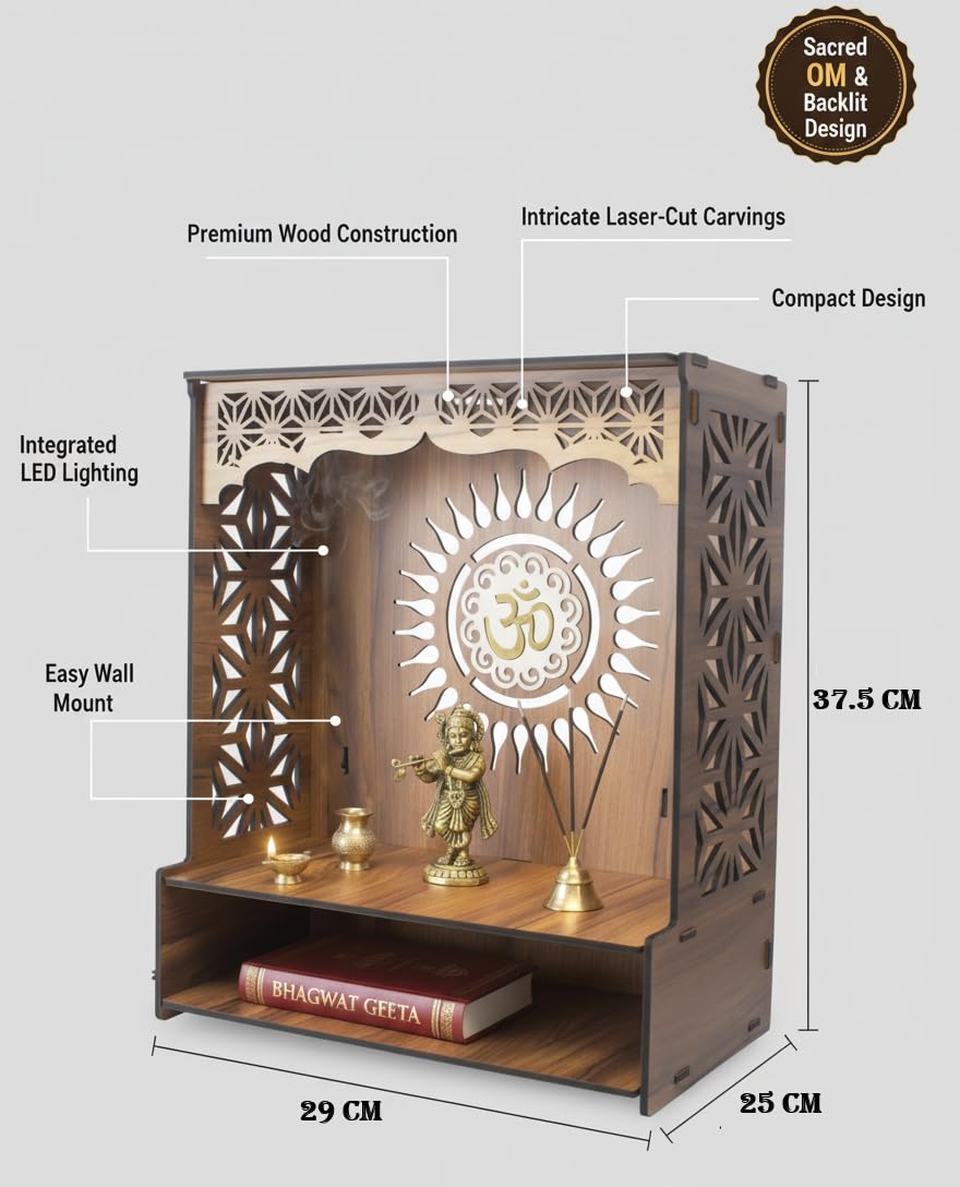 Royal Walnut Finish Wooden Pooja Mandir | Wall Mounted Home Temple with LED Lights & Spacious Storage | Premium Handcrafted Puja Unit (37.5 * 29 * 25 CM) (Large) A6