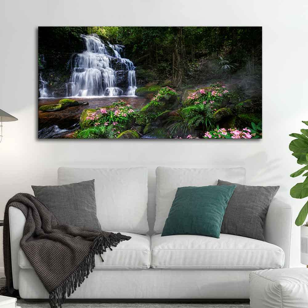 VIBECRAFTS Canvas Paintings for Living Room Drawing Room A Beautiful Waterfall in Forest Premium Canvas Wall Painting for Home|Office|Gift(PTVCH_2361NV)