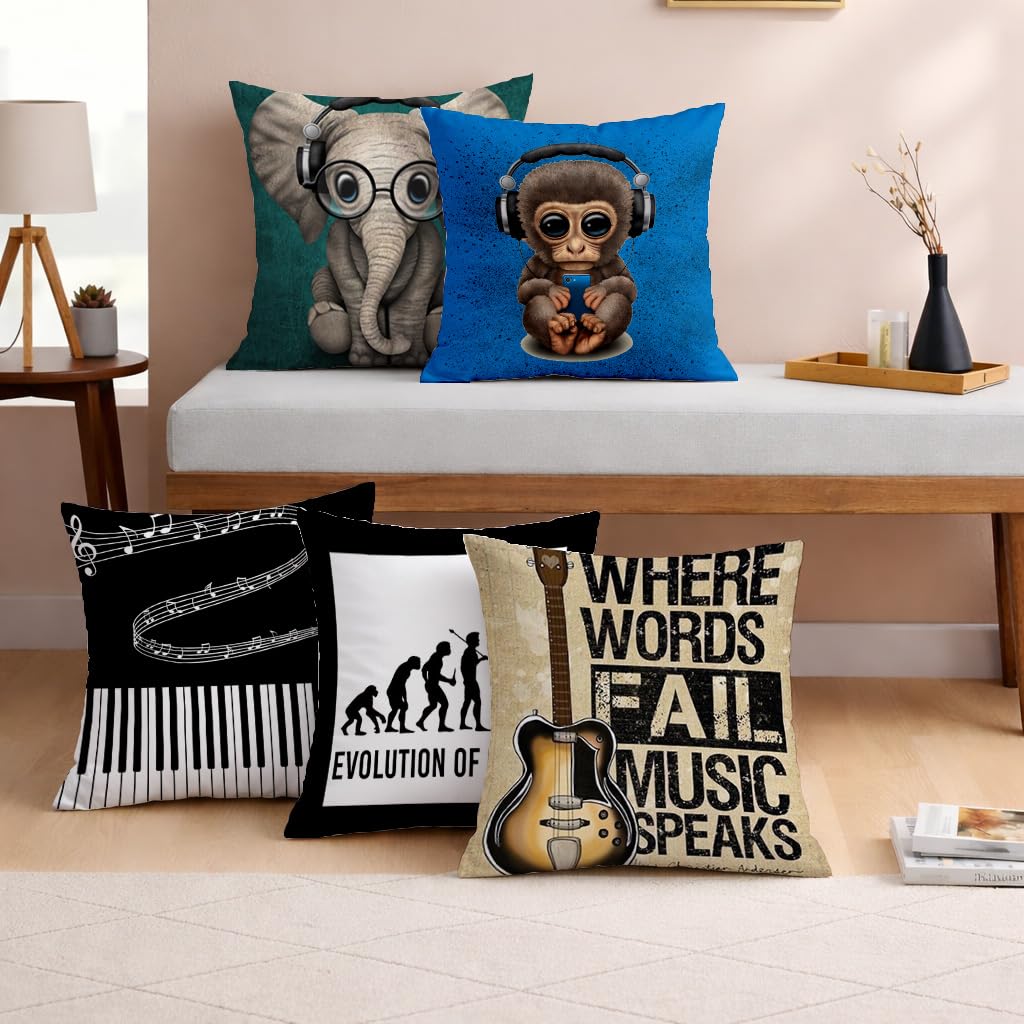 STITCHNEST Set of 5 Funky Beats & Buddies Collection Printed Jute Cushion Covers 12x12 Inches | Decorative Throw Pillow Covers for Sofa, Living Room, Bedroom | Perfect for Home Decor