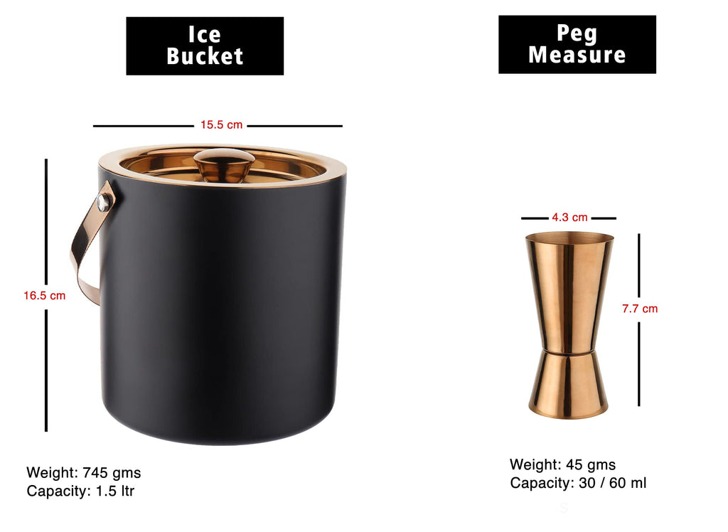 Steren Impex | Stainless Steel 4 Piece Copper (PVD Coated) Bar Set for Drink/Gift, Double Wall - Ice Bucket, Tong, Peg Measure & Cocktail Shaker