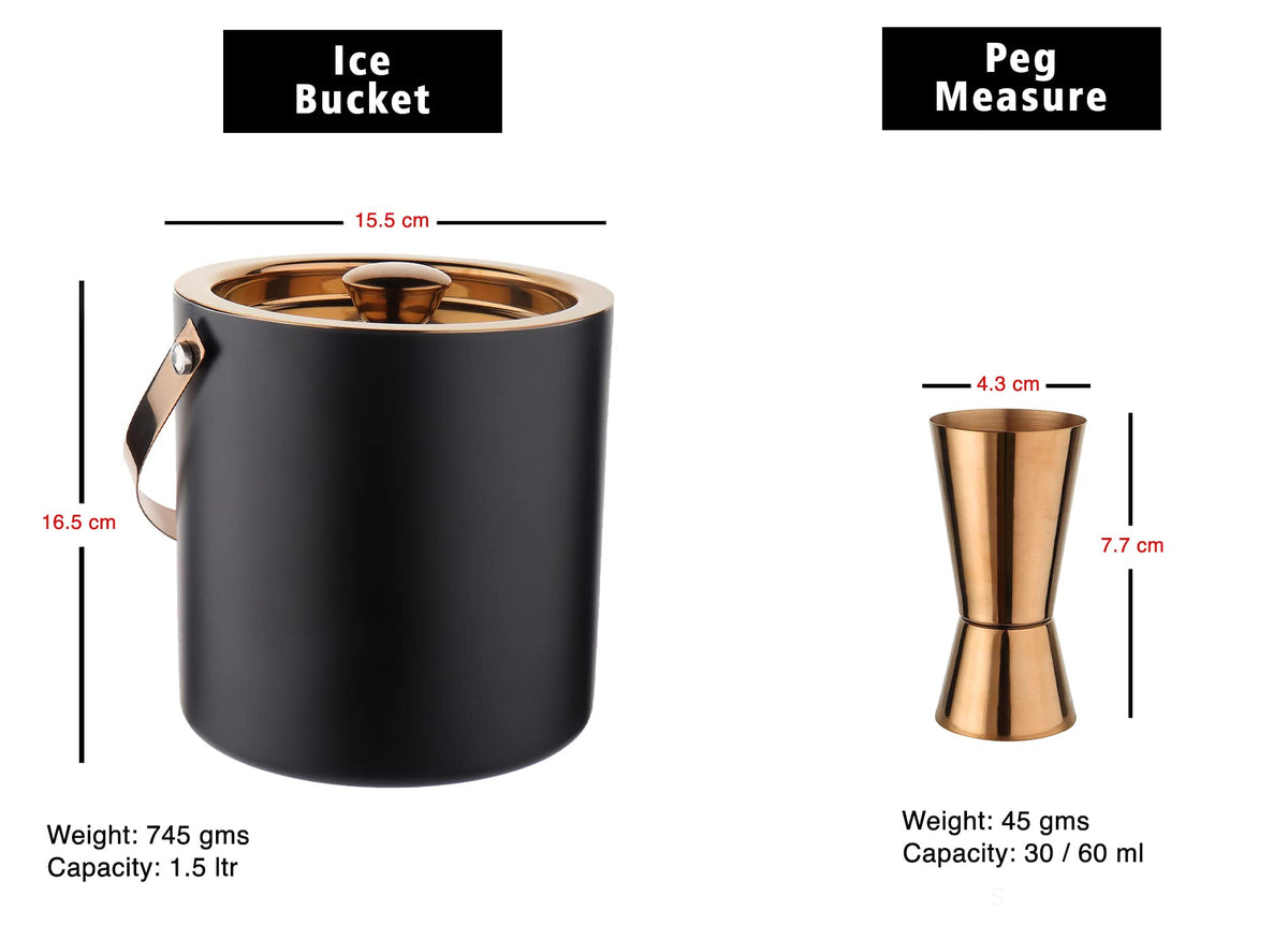 Steren Impex | Stainless Steel 4 Piece Copper (PVD Coated) Bar Set for Drink/Gift, Double Wall - Ice Bucket, Tong, Peg Measure & Cocktail Shaker