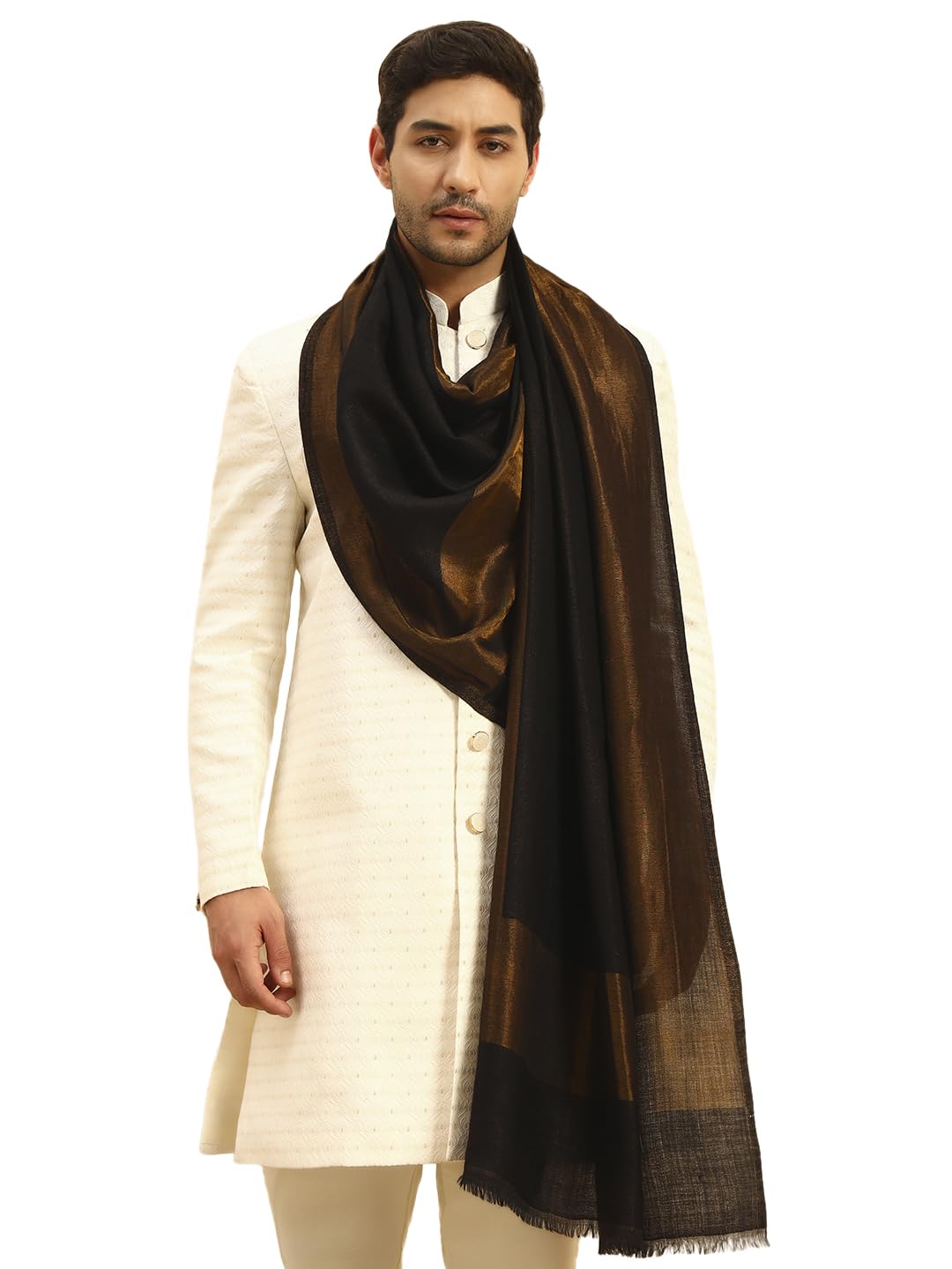Pashmoda Men Midnight Bronze Reversible Zari Moonlight Fine Wool Stole (Size-28x80in, 71x203cm) MZSST04