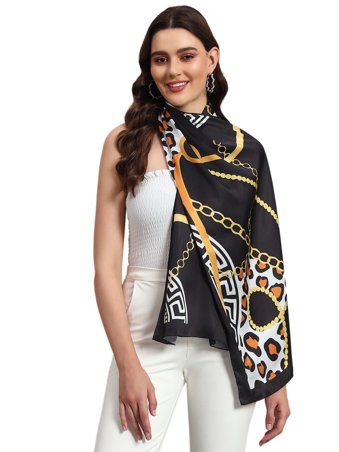 Ravaiyaa - Attitude is everything Women Lightweight Printed 100% Satin Silk Scarf Stoles Breathable Neckerchief Head Beach Wrap Scarves (Black Abstract, 70 x 20 Inch)