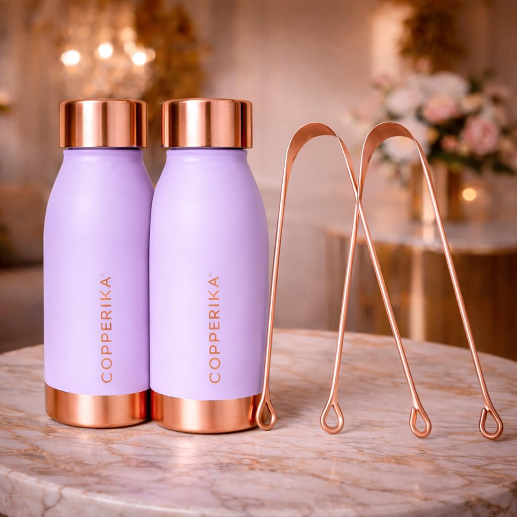 Copperika® Printed 100% Pure Copper Water Bottle 500ml + 2 COPPER TONGUE CLEANER FREE (PACK OF 2) Original Heavy Build | Gift Item | Marriage | Return Gift Item For ALL Users