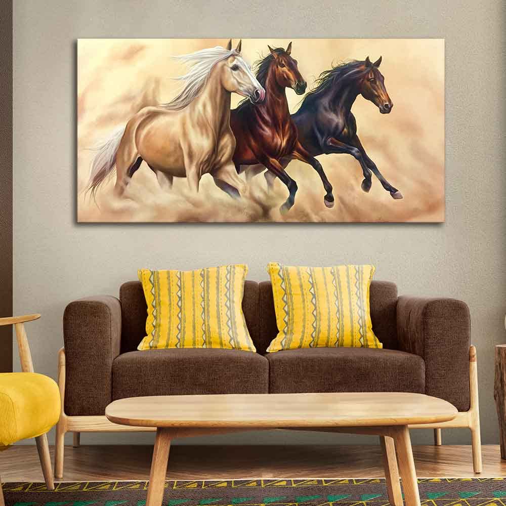 Homcraft Canvas Paintings for Living Room Drawing Room Three Horses Running Wall Painting Fitted With Wooden Frame for Home | Office | Gift (PTVCH_2334)