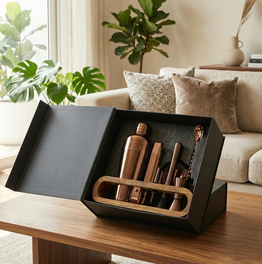 Car-O-Bar Copper Gold Bar Set with Stand | 10 Piece Bartender Kit :Cocktail Shaker, Bar Spoon, Jigger, Muddler, Strainer, Wine & Beer Bottle Opener, 2 Pour Spouts, Tong, Wooden Stand