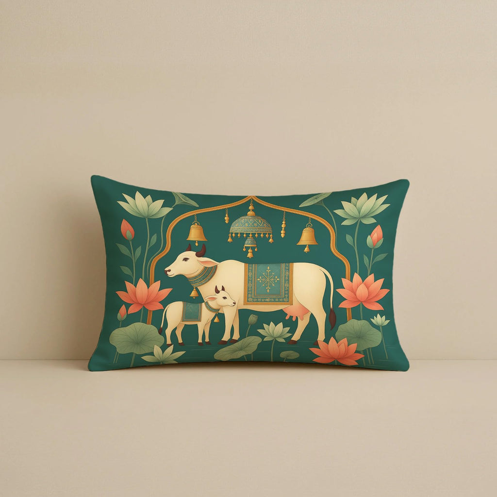 STITCHNEST Satin Cushion Covers Green Ethnic Print with Cow, Lotus & Bell Art, 12x18 Inch (Pack of 2)