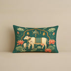 STITCHNEST Satin Cushion Covers Green Ethnic Print with Cow, Lotus & Bell Art, 12x18 Inch (Pack of 2)