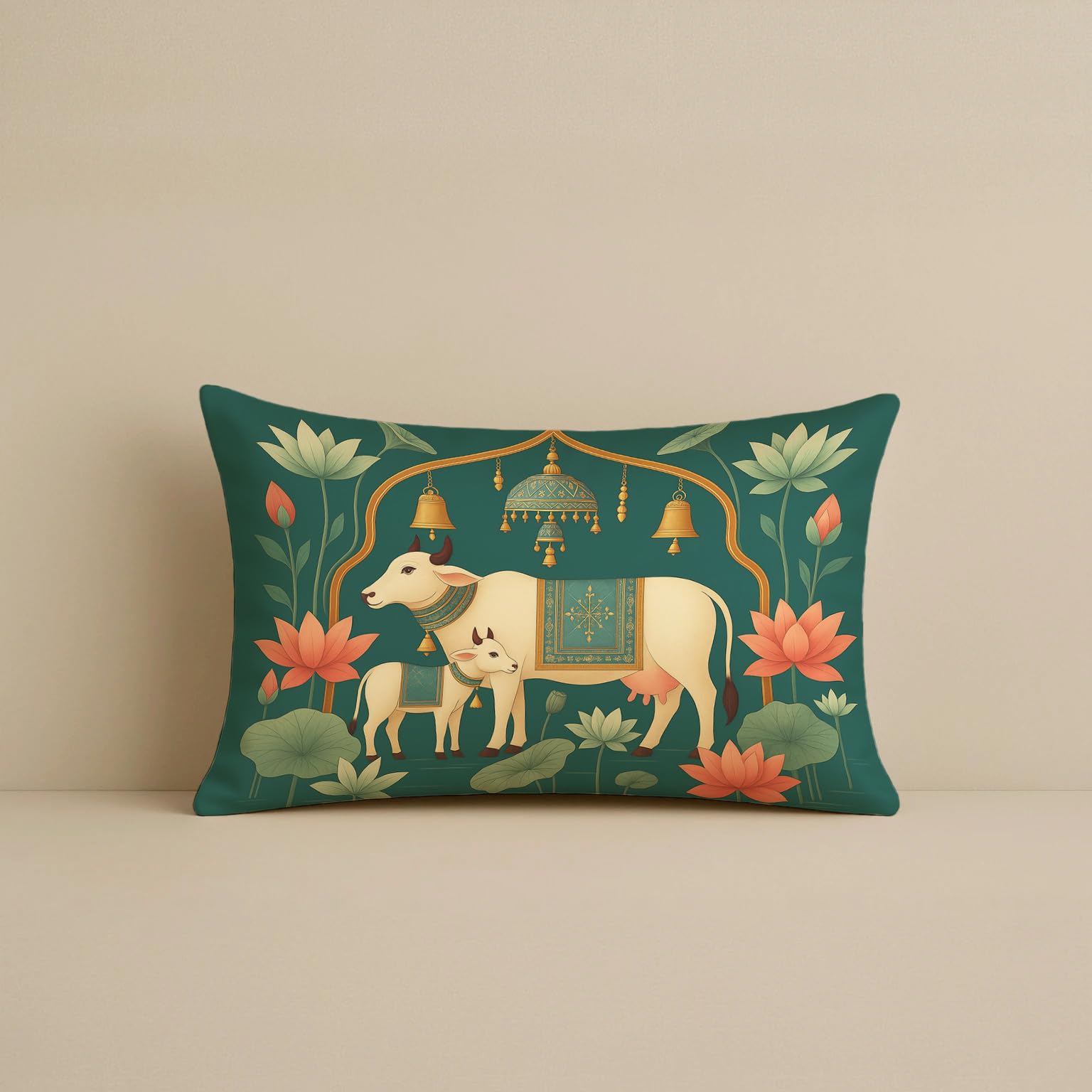 STITCHNEST Satin Cushion Covers Green Ethnic Print with Cow, Lotus & Bell Art, 12x18 Inch (Pack of 2)