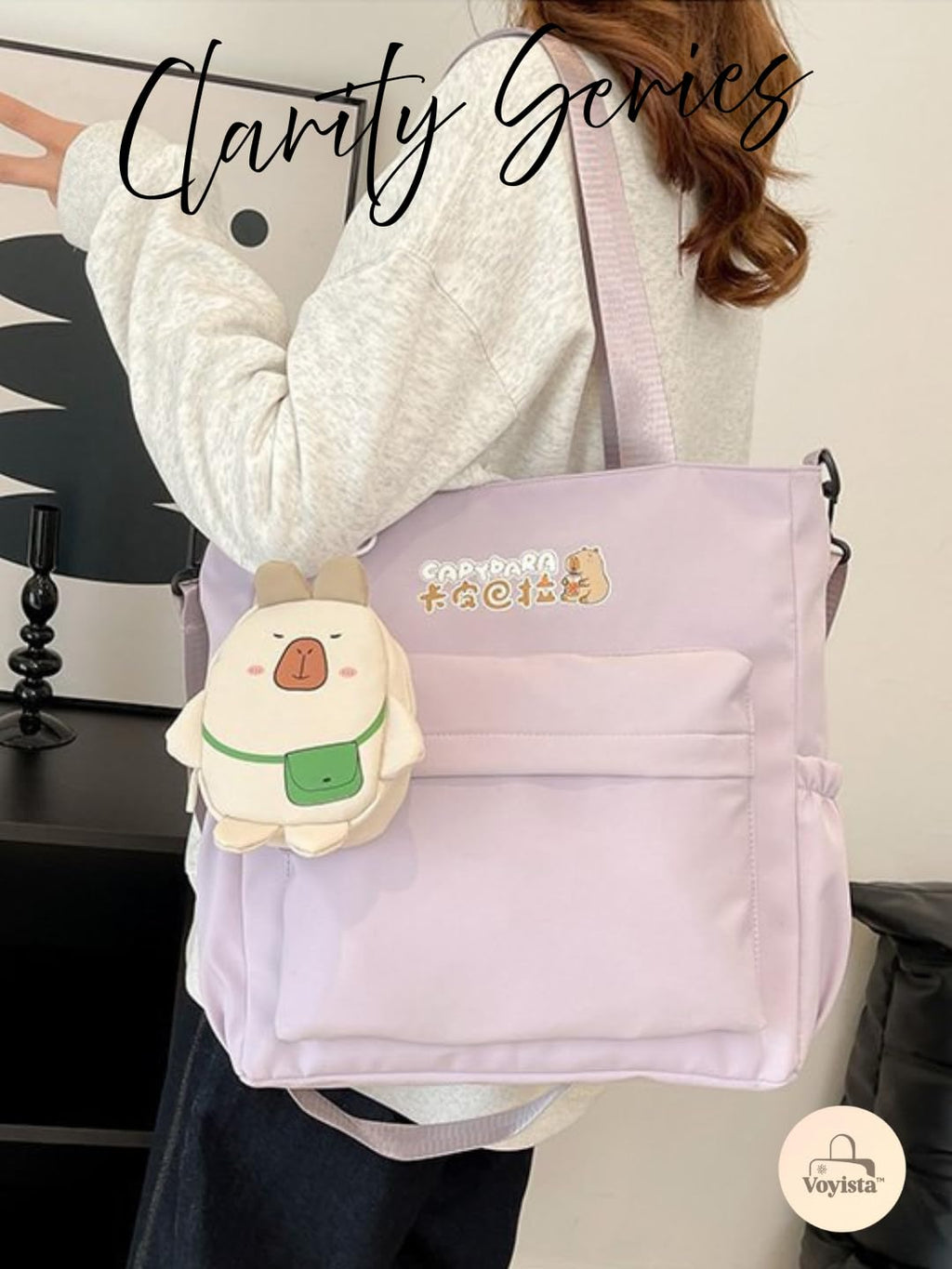 Clarity Series Capybara Tote Bag - Large Kawaii Shoulder Bag for Women, Multi-Pocket Aesthetic Handbag with Cute Plush Charm & Side Pockets- Ideal for Picnic, Travel, and College. (Mindful Mist)