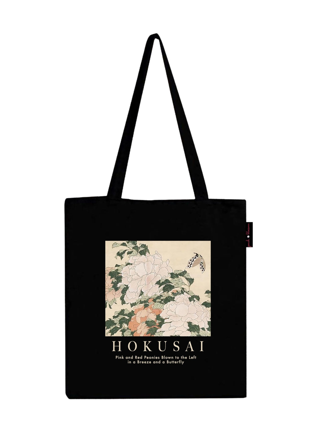 Peach Blossom Printed Cotton Zipper Tote Bags | CBAG - BLK-PEONIES HOKUSAI