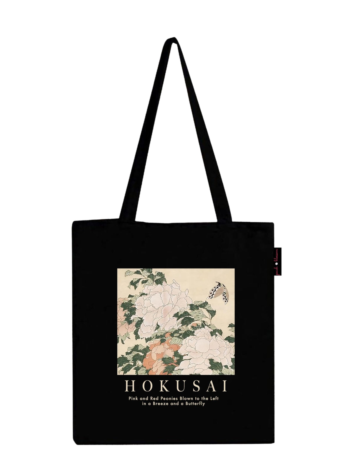 Peach Blossom Printed Cotton Zipper Tote Bags | CBAG - BLK-PEONIES HOKUSAI