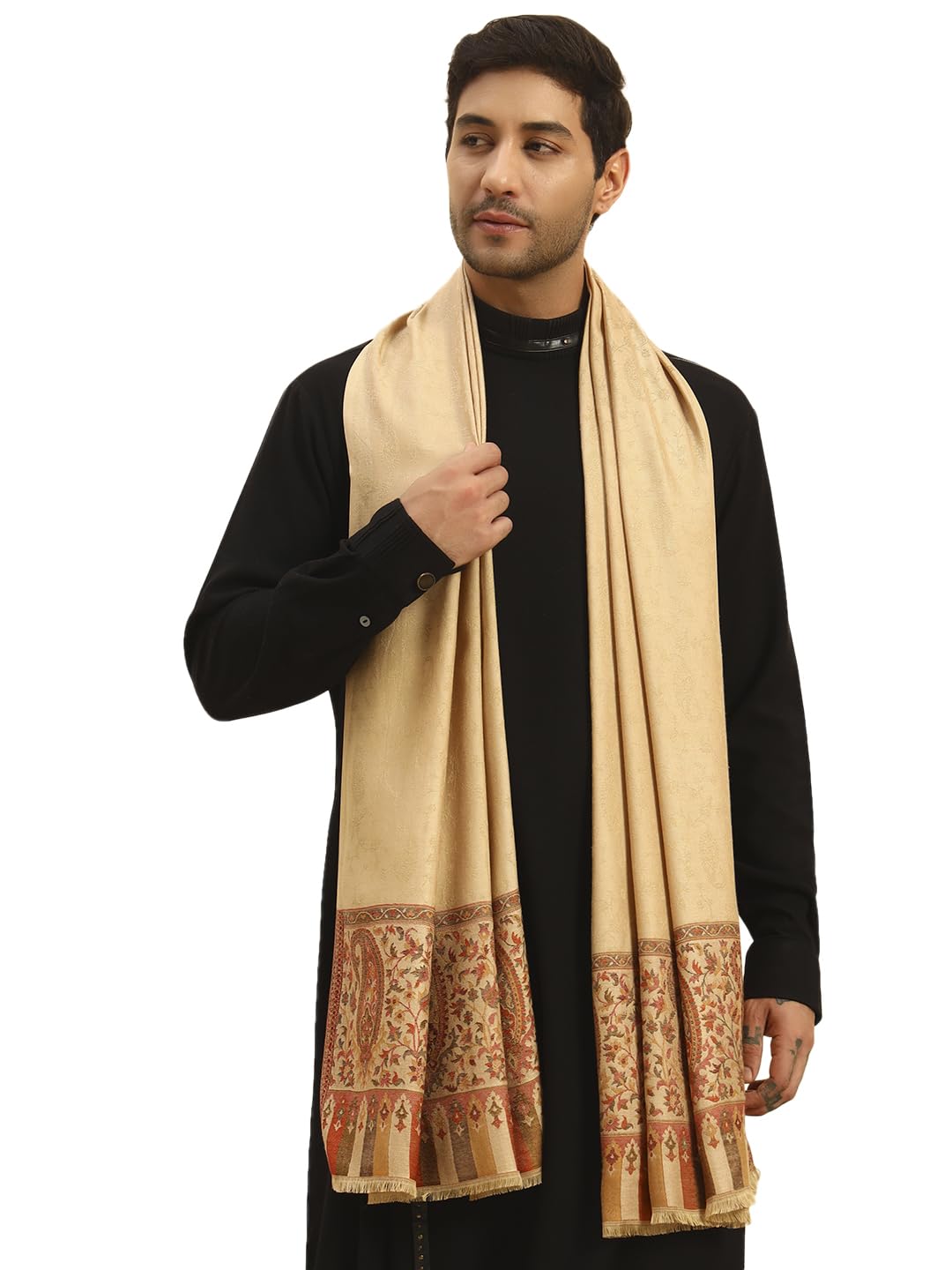 Pashmoda Men Gulpari Kaani Stole, Authentic Kashmiri Luxury Pashmina Style Shawl, Stole, Small Size Gents Lohi, (Size 28x80 Inches,Beige Color) MAVST06