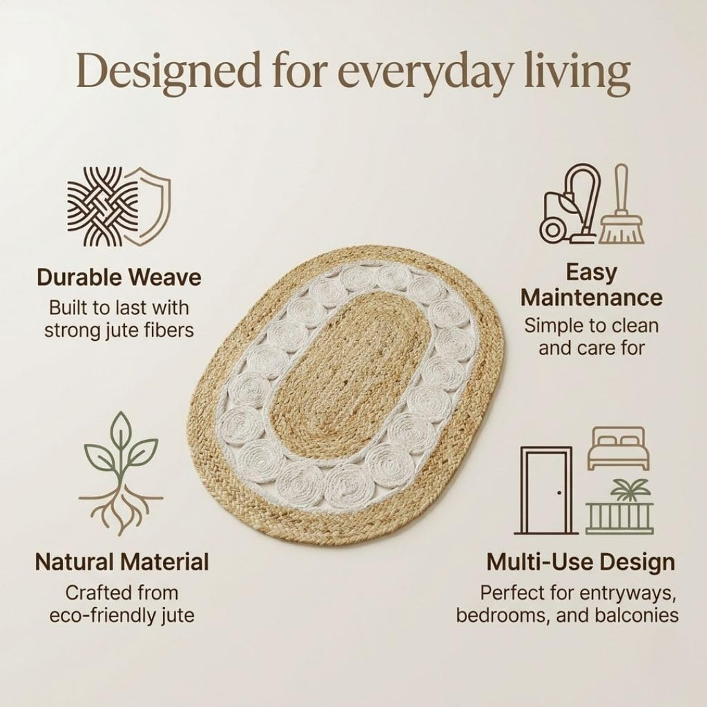 ATRANGI STUDIO Oval Jute Mat | Handwoven Braided Design Mat | Circular Floor Rug for Living Room, Bedroom, Reading Corner | Boho Home Decor | 30x18 inch, White