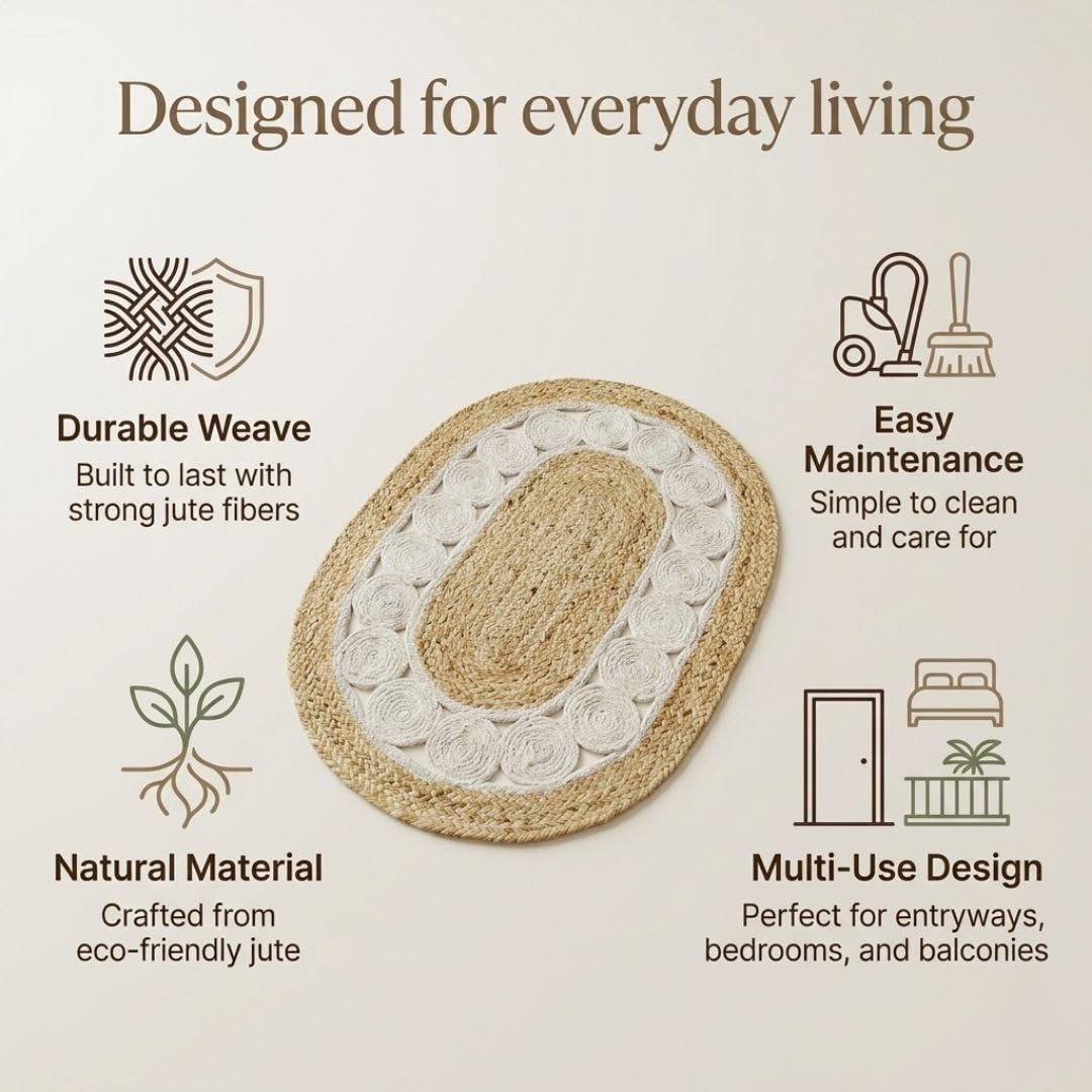 ATRANGI STUDIO Oval Jute Mat | Handwoven Braided Design Mat | Circular Floor Rug for Living Room, Bedroom, Reading Corner | Boho Home Decor | 30x18 inch, White