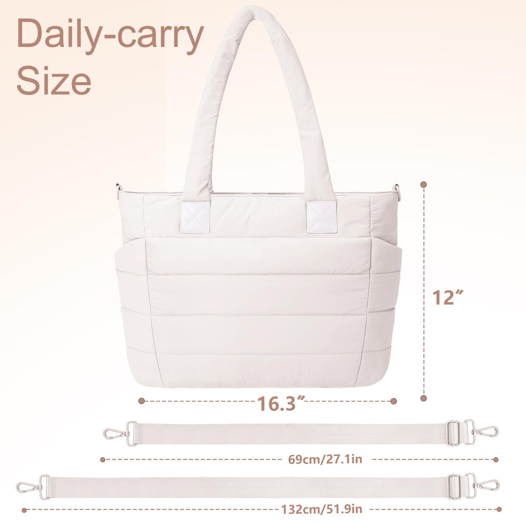 GASSDA Tote Bag for Women Puffer Work Tote Handbag Large Quilted Nurse Bag with Zipper for Travel, Beige, Large