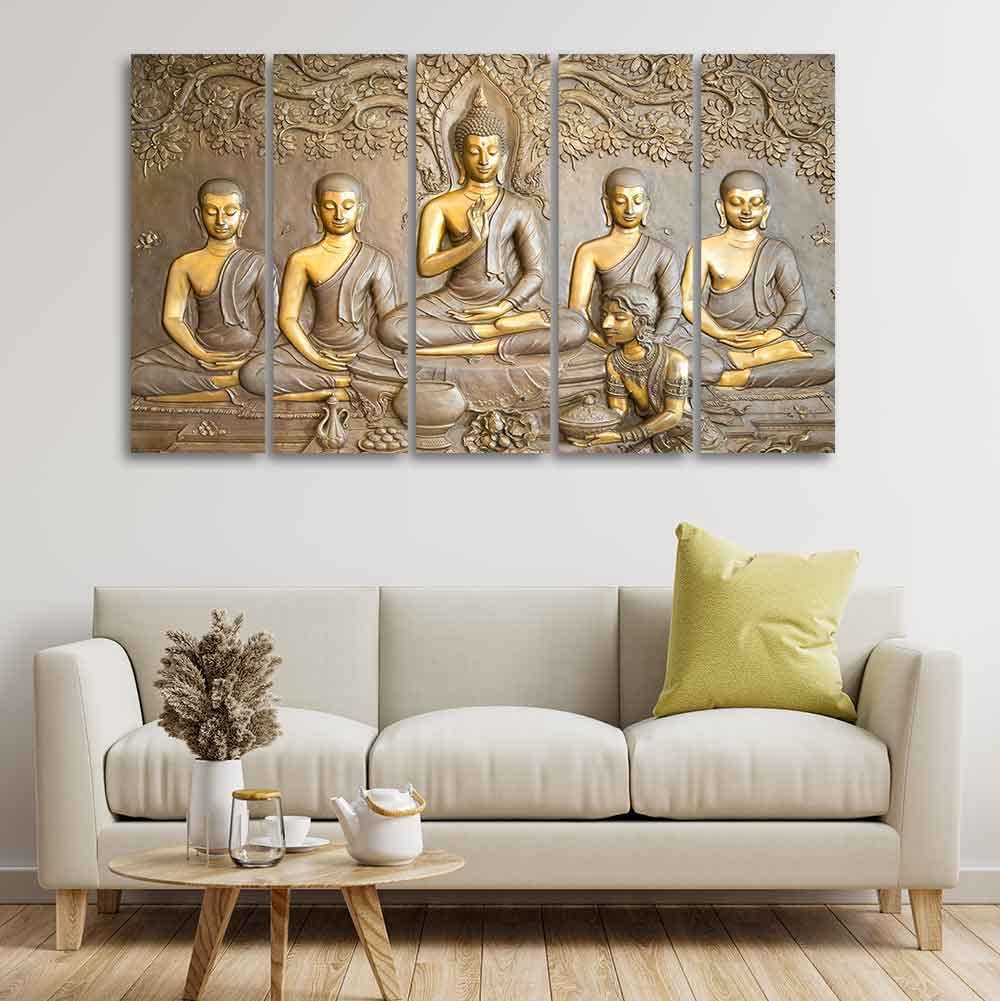 VIBECRAFTS Buddha In Temple 5 Pieces Canvas Wall Painting For Home | Office | Living Room | Gift (PTVC5Pcs4_8510)