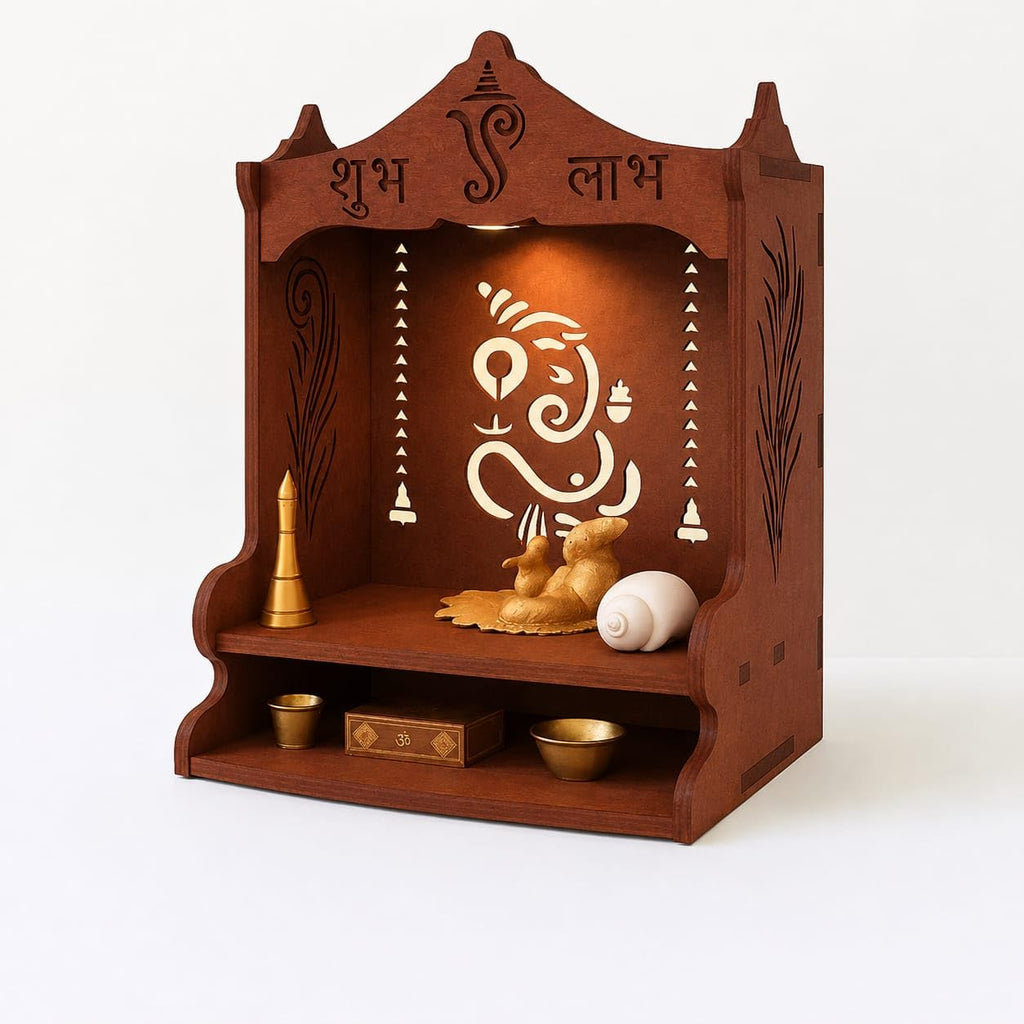 Wooden Pooja Mandir for Home, Pine Wood Temple, Decorative Hindu Mandir with Storage Shelf for Puja Room & Living Room Decor (32X26X20 Cms, Natural Wood Brown, Ganesha)