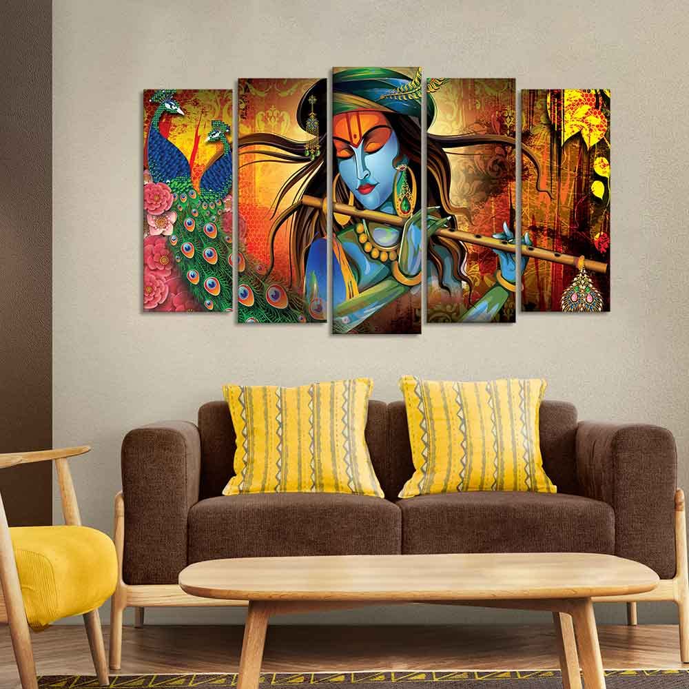 VIBECRAFTS Classic Krishna Premium Wall Painting Set of Five Pieces For Home|Office|Living Room|Gift (PTVC5Pcs2_6590)