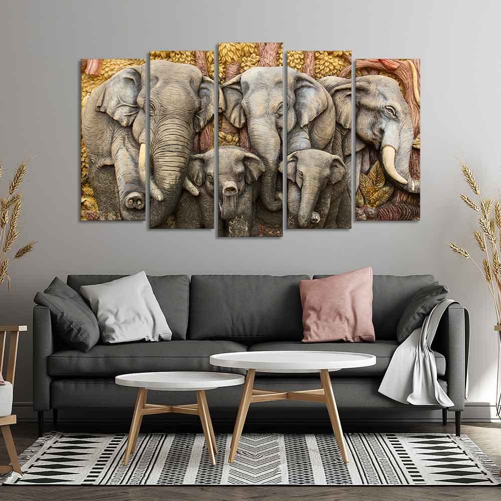 VIBECRAFTS Beautiful Elephants Premium Wall Painting Set of Five Pieces For Home|Office|Living Room|Gift (PTVC5Pcs2_6519)