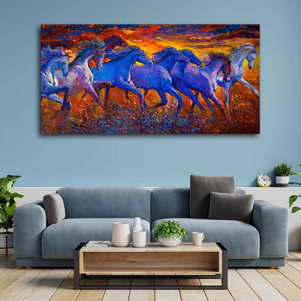VIBECRAFTS Canvas Paintings for Living Room Drawing Room Seven Horses Running Canvas Wall Painting Fitted With Wooden Frame for Home | Office | Gift (PTVCH_2441N)