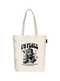 Peach Blossom Printed Cotton Zipper Tote Bags | CBAG - WHT-I M PEACE